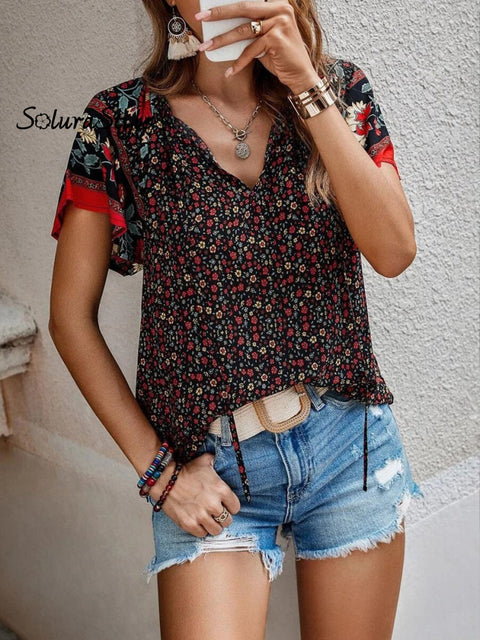Women’s Summer Casual Ethnic Pattern Printed V-Neck Shirt Black / S