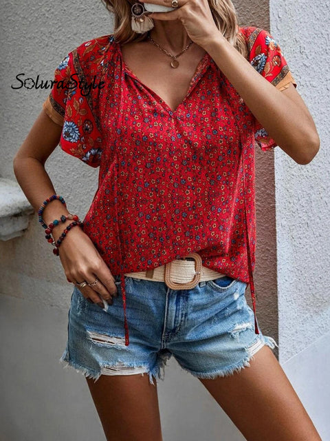 Women’s Summer Casual Ethnic Pattern Printed V-Neck Shirt Red / S