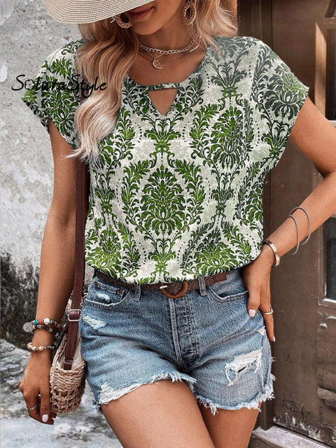 Women’s Summer Ethnic Pattern Printed V-Neck Bat Sleeve T-Shirt Green / S