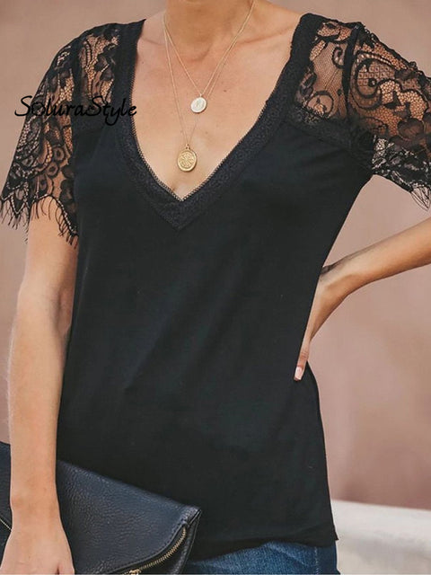 Women’s Summer Lace Sleeve T-Shirt Black / S