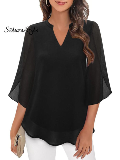 Women’s Summer Petal Sleeve V-Neck Chiffon Shirt Black / S