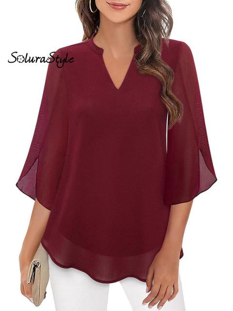 Women’s Summer Petal Sleeve V-Neck Chiffon Shirt Burgundy / S