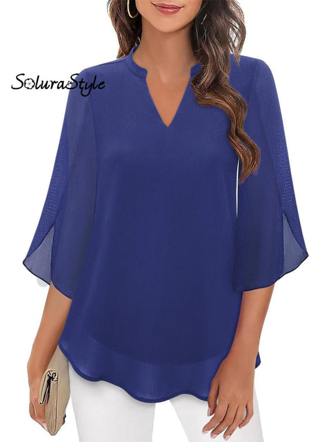 Women’s Summer Petal Sleeve V-Neck Chiffon Shirt Navy / S