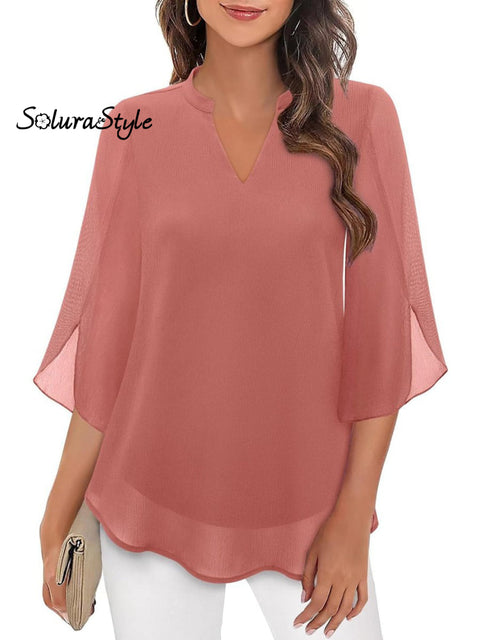 Women’s Summer Petal Sleeve V-Neck Chiffon Shirt Pink / S