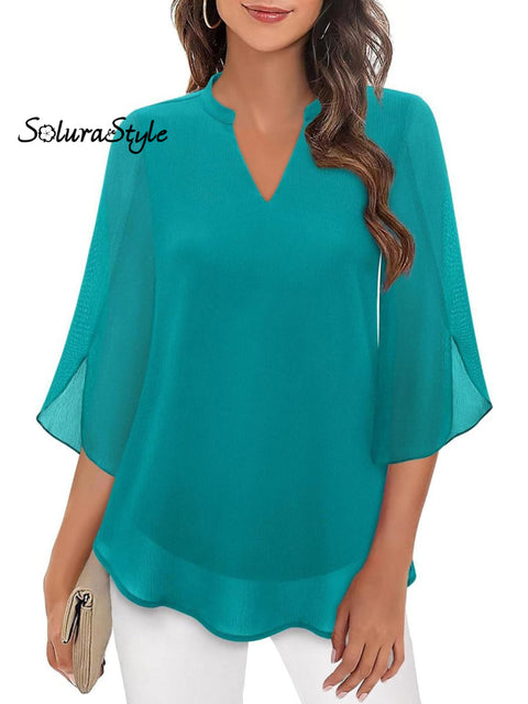 Women’s Summer Petal Sleeve V-Neck Chiffon Shirt Turquoise / S