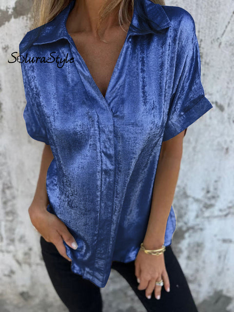Women’s Summer Shimmer Fabric Short Sleeve Shirt Blue / S