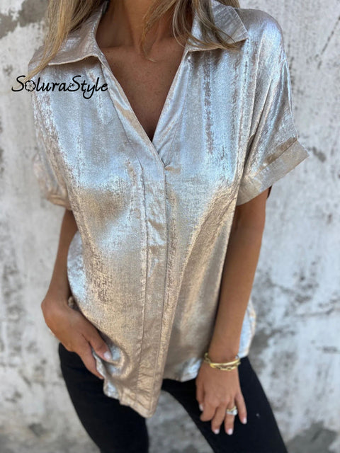 Women’s Summer Shimmer Fabric Short Sleeve Shirt Gold / S