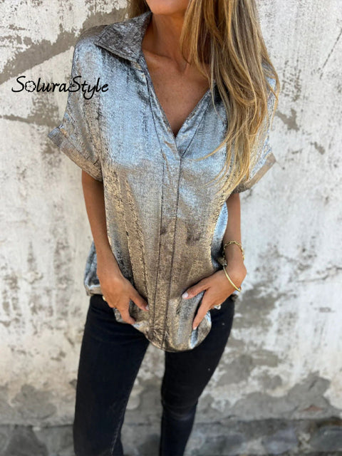Women’s Summer Shimmer Fabric Short Sleeve Shirt Gray / S