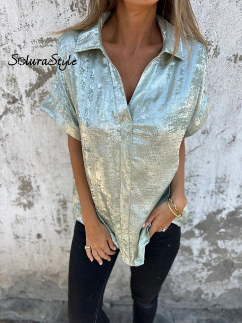 Women’s Summer Shimmer Fabric Short Sleeve Shirt Lightgreen / S