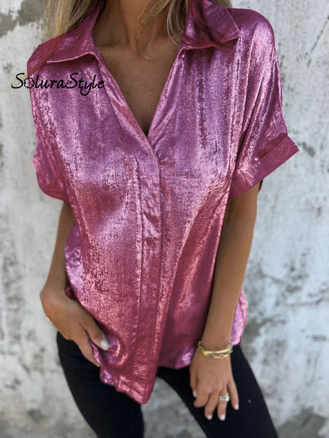 Women’s Summer Shimmer Fabric Short Sleeve Shirt Pink / S