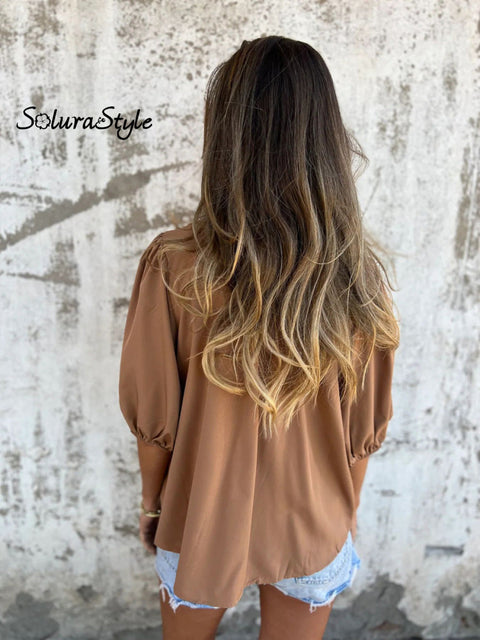 Women’s Summer Solid Color Round Neck Button Down Casual Smock Shirt