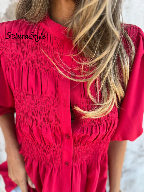 Women’s Summer Solid Color Round Neck Button Down Casual Smock Shirt