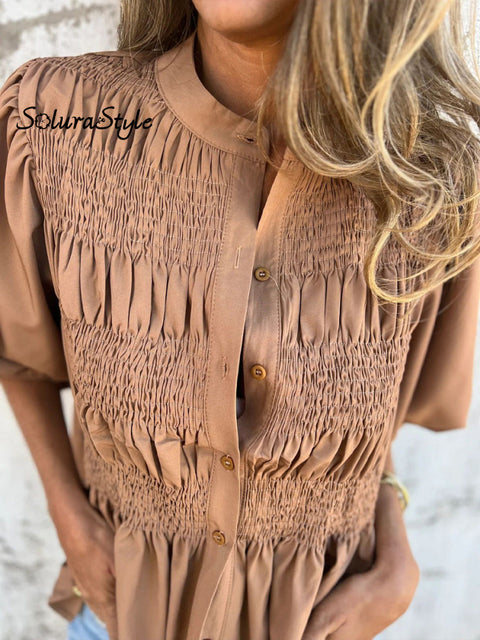 Women’s Summer Solid Color Round Neck Button Down Casual Smock Shirt