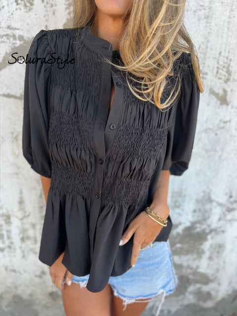 Women’s Summer Solid Color Round Neck Button Down Casual Smock Shirt Black / S