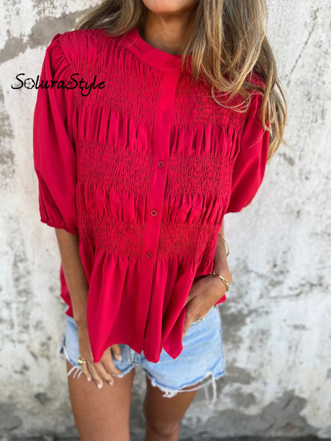 Women’s Summer Solid Color Round Neck Button Down Casual Smock Shirt Red / S