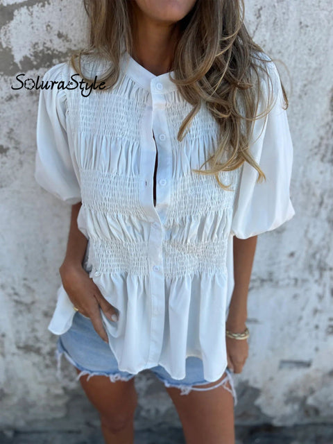 Women’s Summer Solid Color Round Neck Button Down Casual Smock Shirt White / S
