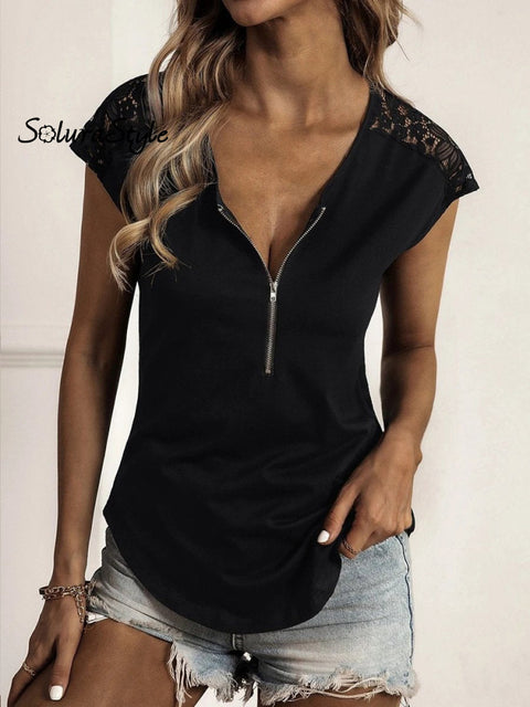 Women’s Summer Solid Color Round Neck Lace Sleeve T-Shirt Black / S
