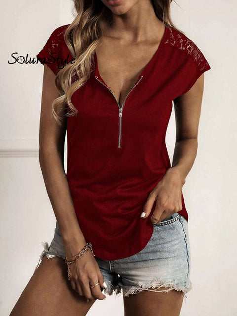 Women’s Summer Solid Color Round Neck Lace Sleeve T-Shirt Burgundy / S