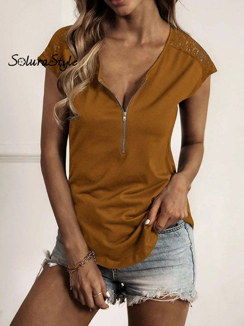 Women’s Summer Solid Color Round Neck Lace Sleeve T-Shirt Mustardyellow / S
