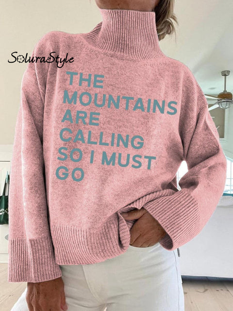 Women’s The Mountains Are Calling So I Must Go Art Print Knit Turtleneck Pullover Sweater Pink / S