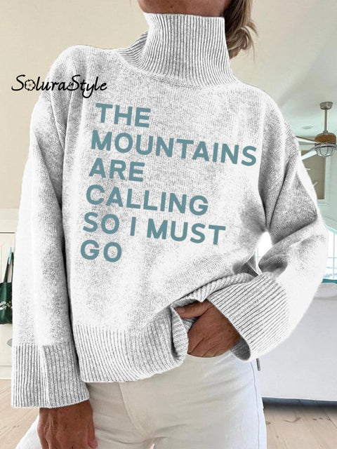 Women’s The Mountains Are Calling So I Must Go Art Print Knit Turtleneck Pullover Sweater White / S