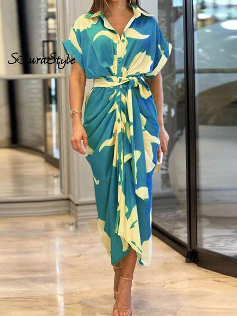 Women’s Tie Waist Solid Color Shirt Dress Bluefloral / S