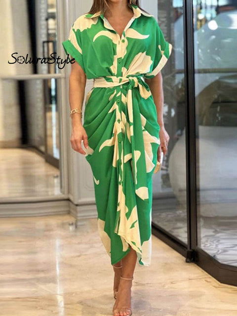 Women’s Tie Waist Solid Color Shirt Dress Darkgreenfloral / S