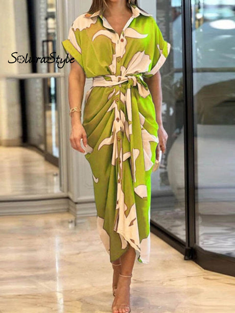 Women’s Tie Waist Solid Color Shirt Dress Greenfloral / S