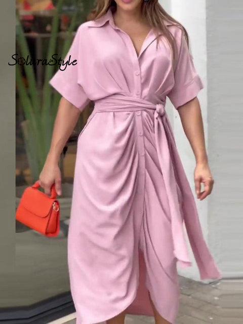 Women’s Tie Waist Solid Color Shirt Dress Pink / S