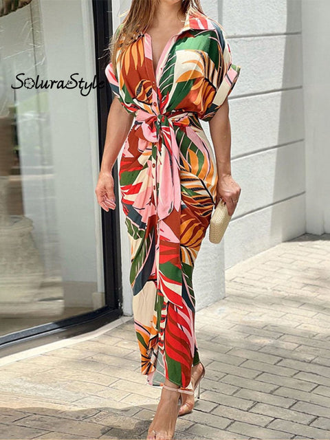 Women’s Tie Waist Solid Color Shirt Dress Pinkfloral / S