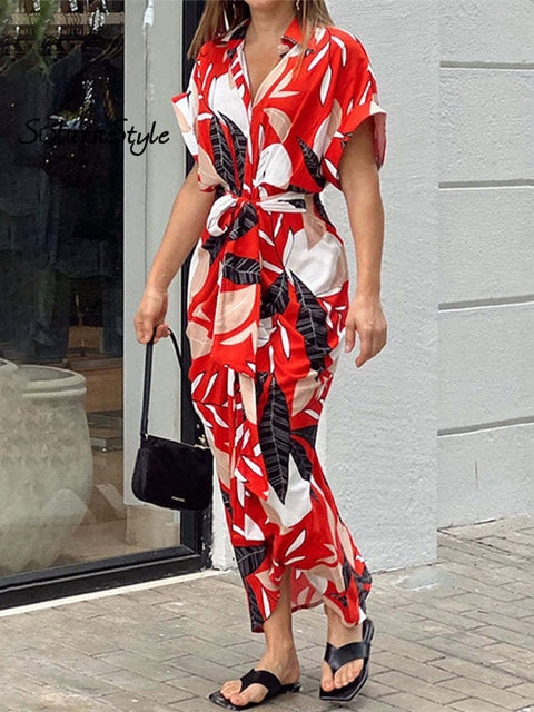 Women’s Tie Waist Solid Color Shirt Dress Redfloral / S