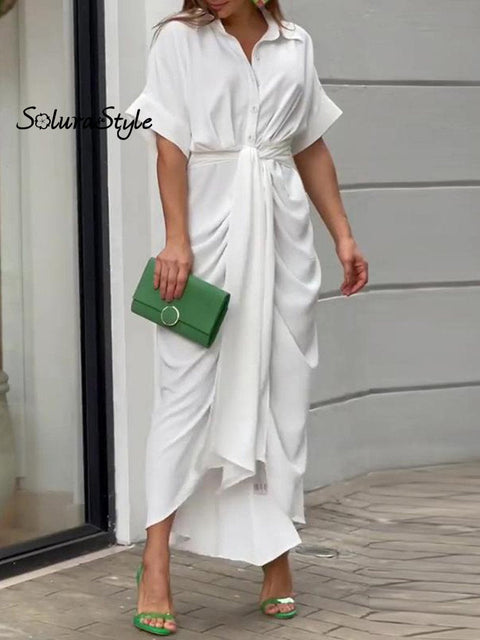 Women’s Tie Waist Solid Color Shirt Dress White / S
