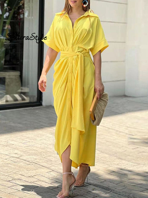 Women’s Tie Waist Solid Color Shirt Dress Yellow / S