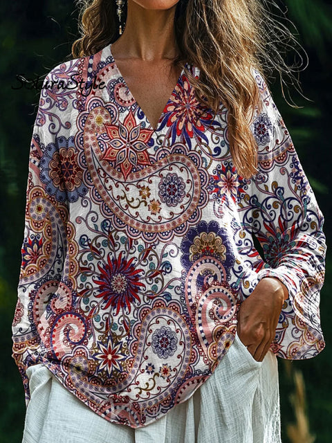 Women’s Traditional Paisley Art Print Casual Cotton And Linen V-Neck Shirt Multicolor / S