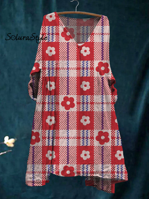 Women’s Trellis Floral Art Print Pocket V-Neck Cotton Dress Multicolor / S