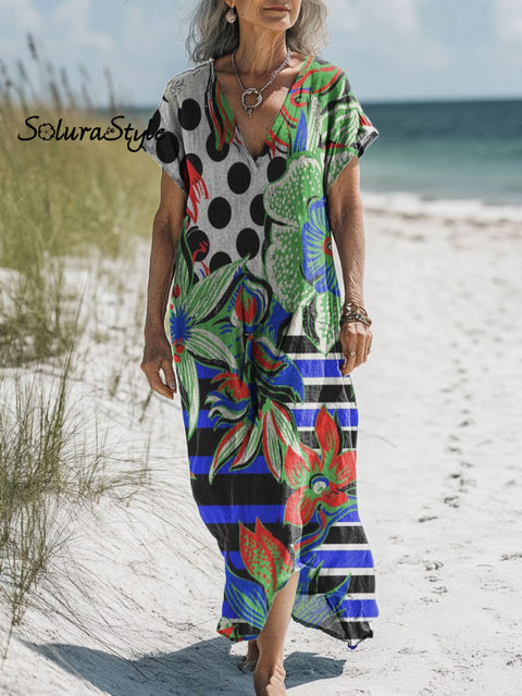 Women’s Tropical Plant Polka Dot Art Print Pocket Cotton Dress Multicolor / S