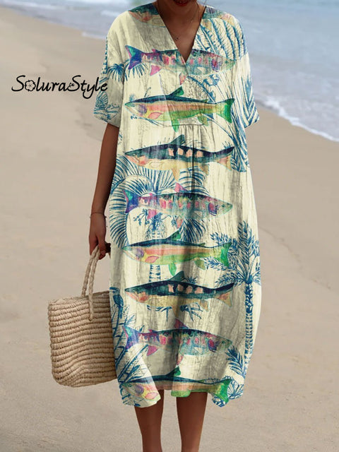 Women’s Tropical Plants And Fish Art Print Flowy Dress Multicolor / S