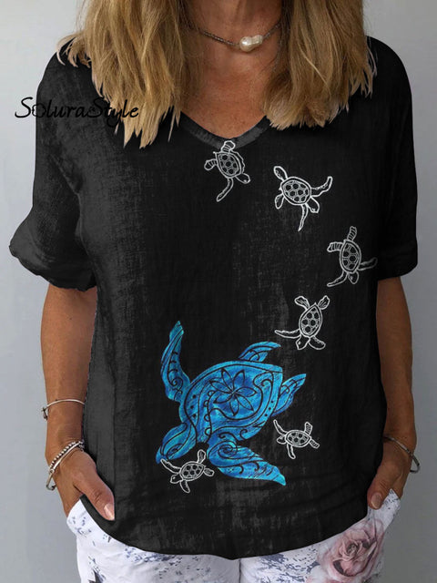Women’s Turtle Art Print Casual Cotton And Linen Shirt Multicolor / S