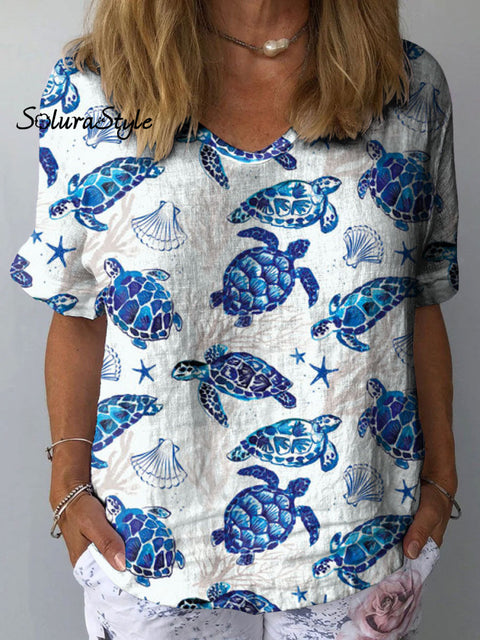 Women’s Turtle Art Print Casual Cotton And Linen Shirt Multicolor / S