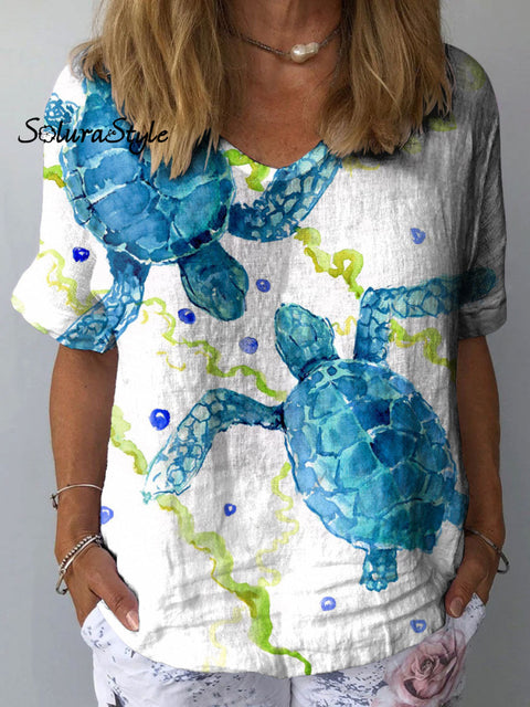 Women’s Turtle Art Print Casual Cotton And Linen Shirt Multicolor / S