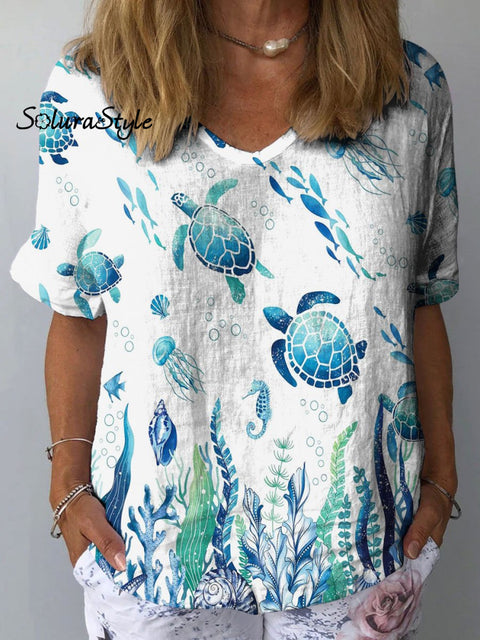 Women’s Turtle Art Print Casual Cotton And Linen Shirt Multicolor / S