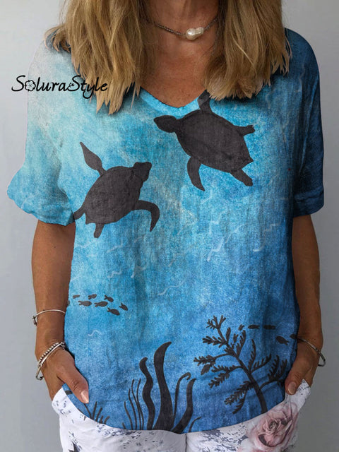 Women’s Turtle Art Print Casual Cotton And Linen Shirt Multicolor / S