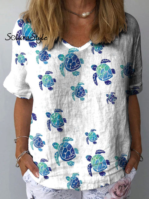 Women’s Turtle Art Print Casual Cotton And Linen Shirt Multicolor / S
