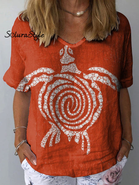 Women’s Turtle Art Print Casual Cotton And Linen Shirt Multicolor / S