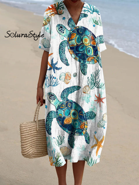 Women’s Turtle Art Print Flowy Dress Multicolor / S