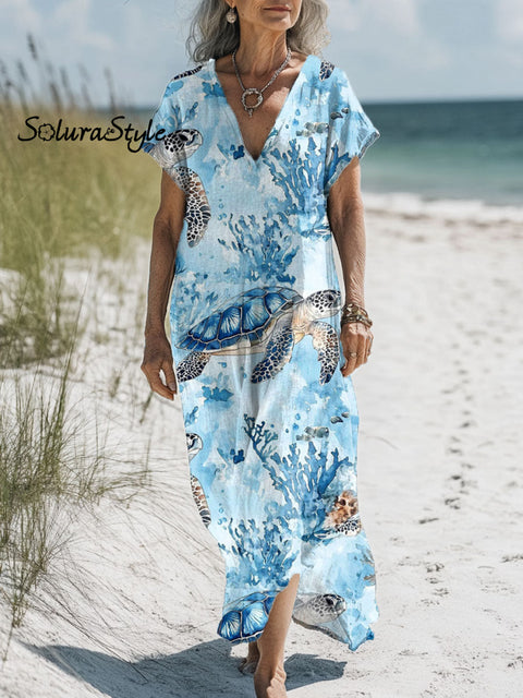 Women’s Turtle Art Print Pocket Cotton Dress Multicolor / S