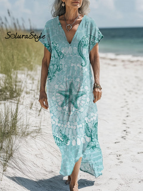 Women’s Turtle Art Print Pocket Cotton Dress Multicolor / S