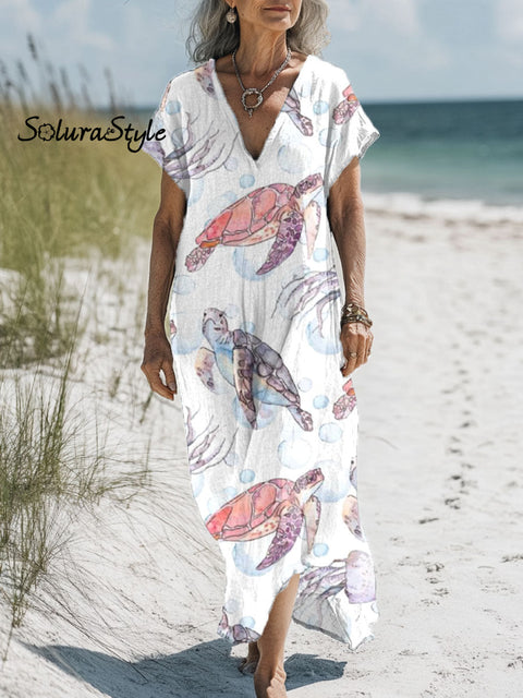 Women’s Turtle Art Print Pocket Cotton Dress Multicolor / S