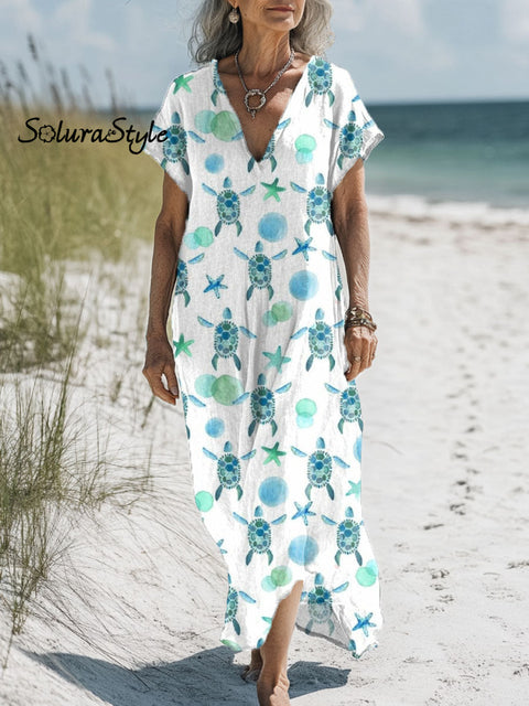 Women’s Turtle Art Print Pocket Cotton Dress Multicolor / S