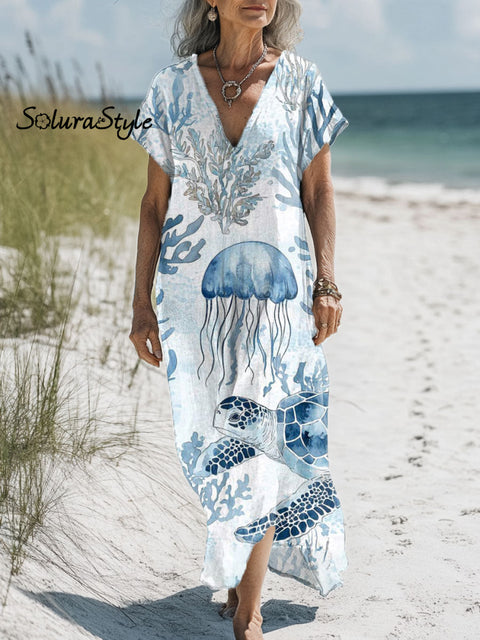 Women’s Turtle Art Print Pocket Cotton Dress Multicolor / S